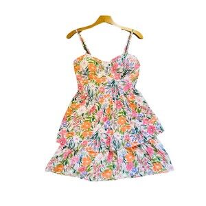 Auu Pink strap Corset Tiered Mini Dress SZ L Romantic Ditzy Floral Cottagecore
